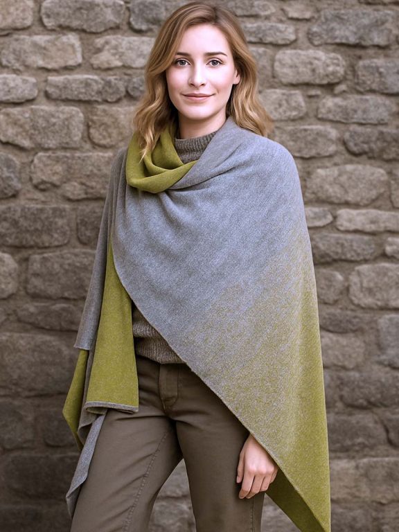 Blonde woman wearing a grey and olive green baby alpaca cape shawl, draped over her shoulders by a stone wall, model Pampa.
