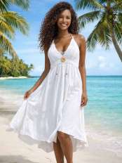 White summer midi dress Sea cotton with lace