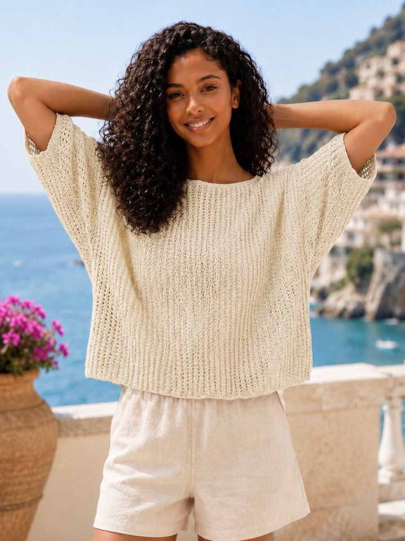 Short sleeve open knit top women Calypso